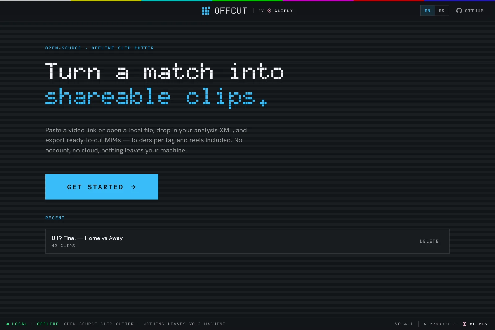 Offcut desktop app — paste a YouTube link, import your analysis XML, export MP4 clips